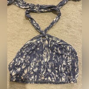 Blue and White Floral Crop Top with Straps that Tie around Neck
